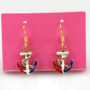 New Enamel Red, White & Blue Nautical Anchor Dangle Earrings.